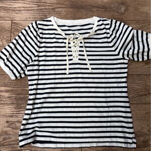 Talbots Black and White Striped Lace-Up Top